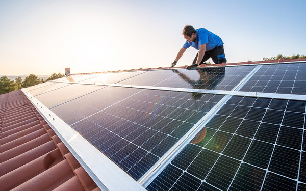 Ein Mann sitzt auf einem Dach und installiert eine Solaranlage.