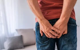 Ein Mann in Jeans und T-Shirt greift sich mit beide Händen in die Steißbeingegend.