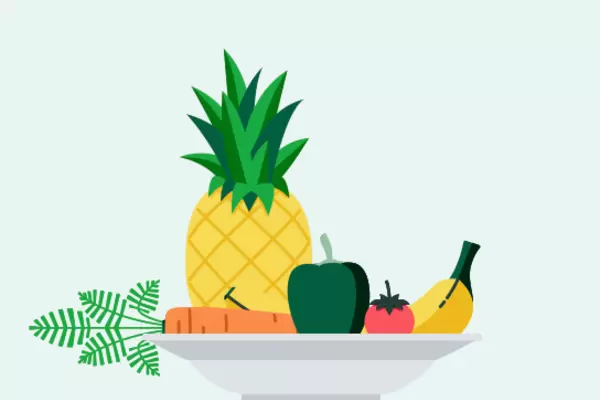 Illustration eines Tellers mit einer Ananas, einer grünen Paprika, einer Banane, einer Tomate und einer Karotte.