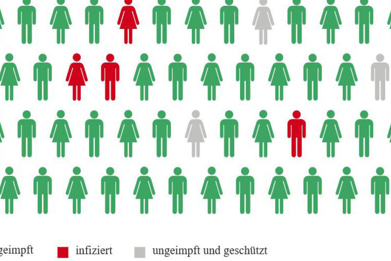 Die Grafik zeigt eine große Gruppe von Menschen als Strichmännchen. Die meisten sind grün (=geimpft), ein paar rot (=infiziert) und ein paar grau (=ungeimpft und geschützt).