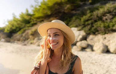 Eine lachende junge Frau mit Sonnenhut trägt am Strand Sonnencreme im Gesicht auf.