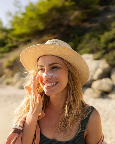 Eine lachende junge Frau mit Sonnenhut trägt am Strand Sonnencreme im Gesicht auf.
