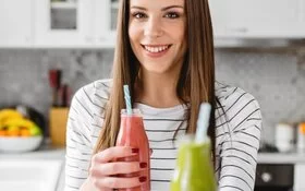 Junge Frau hält Fruchtsaft im Glas in der Hand