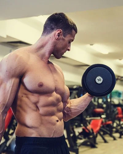 Ein junger Bodybuilder mit freiem, muskulösen Oberkörper macht einen Bizepscurl mit einer Kurzhantel.