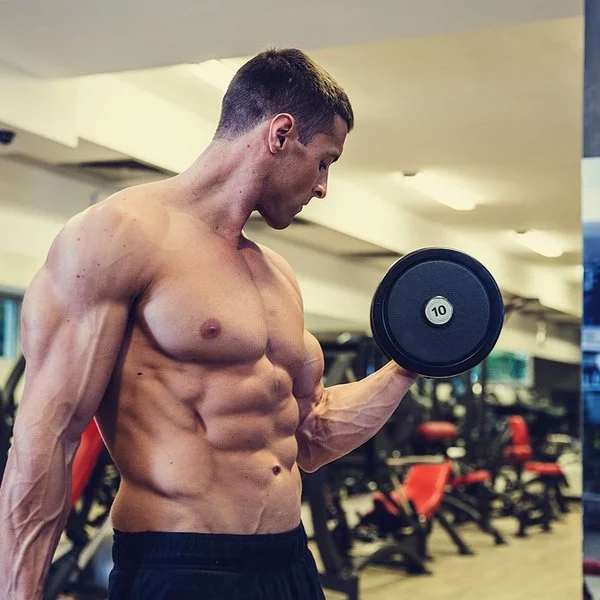 Ein junger Bodybuilder mit freiem, muskulösen Oberkörper macht einen Bizepscurl mit einer Kurzhantel.