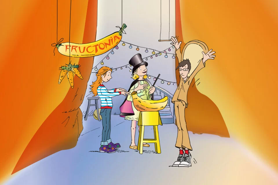 Eine Zeichnung in der drei Kinder zusammen zaubern. Henrietta, ein spezielles Theaterprogramm, vermittelt Schülern Grundlagen zur Gesundheitsprävention.