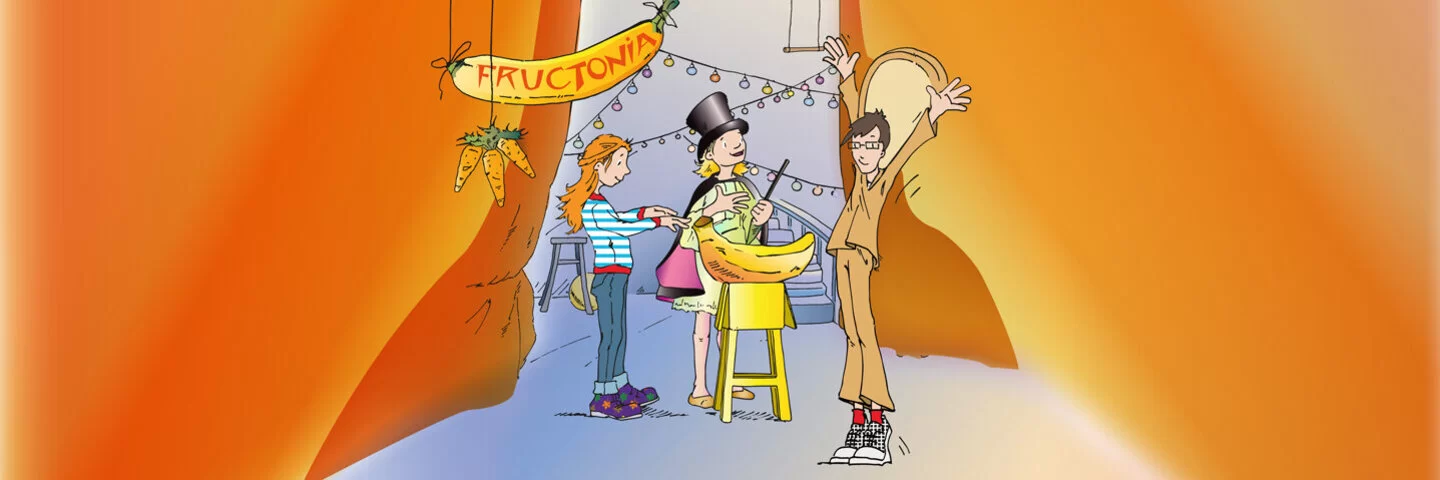 Eine Zeichnung in der drei Kinder zusammen zaubern. Henrietta, ein spezielles Theaterprogramm, vermittelt Schülern Grundlagen zur Gesundheitsprävention.