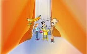 Eine Zeichnung in der drei Kinder zusammen zaubern. Henrietta, ein spezielles Theaterprogramm, vermittelt Schülern Grundlagen zur Gesundheitsprävention.