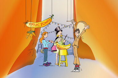 Eine Zeichnung in der drei Kinder zusammen zaubern. Henrietta, ein spezielles Theaterprogramm, vermittelt Schülern Grundlagen zur Gesundheitsprävention.
