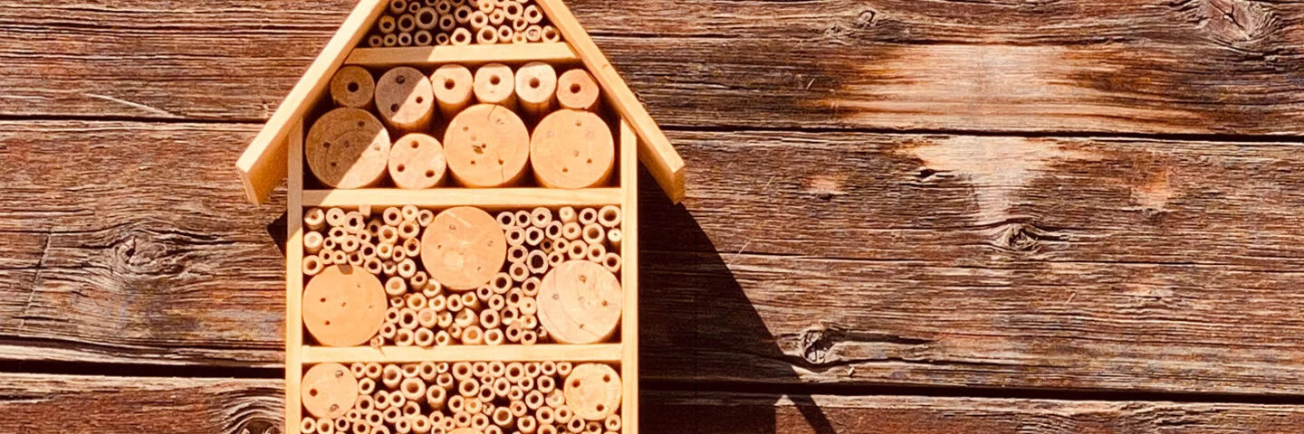 Ein Insektenhotel an einer Holzwand