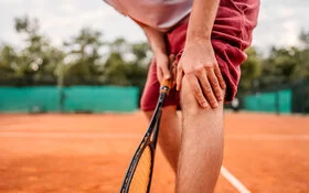 Ein männlicher Tennisspieler fasst sich auf dem Tennisplatz ans Knie, nachdem ein Meniskus gerissen ist.