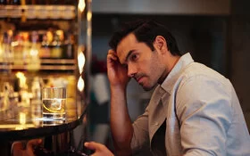 Ein dunkelhaariger Mann um die dreißig im hellen Businesshemd sitzt am Tresen einer Bar, vor sich ein Glas Whisky. Er blickt grübelnd ins Leere.