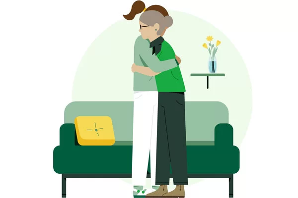 Illustration: Zwei Personen nehmen sich in den Arm.