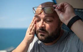 Ein Mann mit Bart nimmt bei sonnigem Wetter seine Brille ab. Er hat die Augen geschlossen und die Hände an den Schläfen.