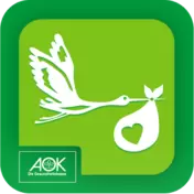 Auf einem grünen Hintergrund ist ein weißer fliegender Storch mit einem Sack im Schnabel abgebildet. Unten links steht in weißer Schrift: AOK - das Gesundheitsamt.
