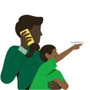 Illustrative Grafik: Ein Mann telefoniert und hält dabei ein Kind auf dem Arm.