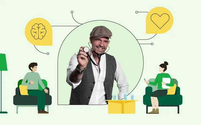 In der Mitte ist ein Foto von Doc Esser mit Schirmmütze und Stethoskop zu sehen. Illustrationen daneben zeigen einen sitzenden Mann und eine ihm gegenüber sitzende Frau, sie unterhalten sich.