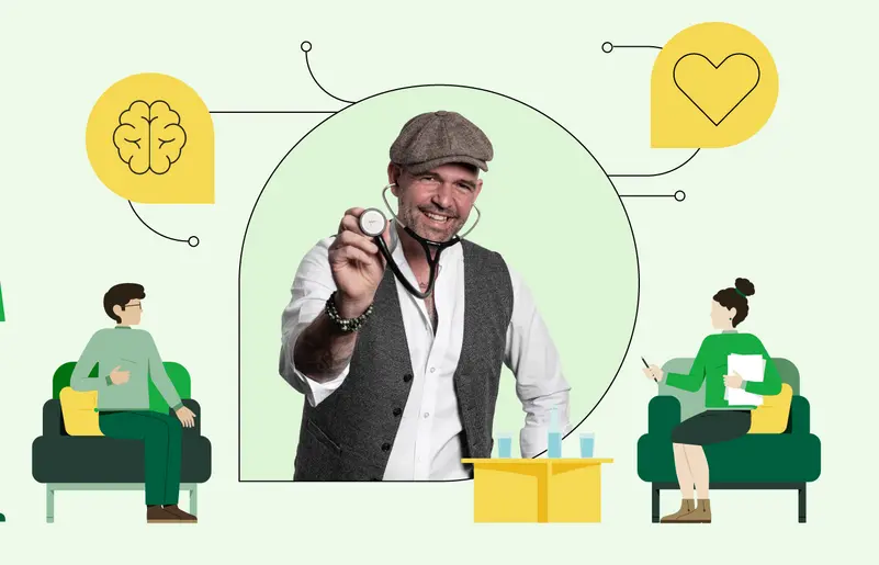 In der Mitte ist ein Foto von Doc Esser mit Schirmmütze und Stethoskop zu sehen. Illustrationen daneben zeigen einen sitzenden Mann und eine ihm gegenüber sitzende Frau, sie unterhalten sich.