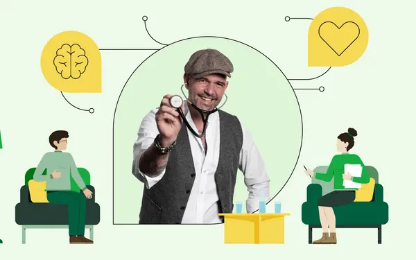 In der Mitte ist ein Foto von Doc Esser mit Schirmmütze und Stethoskop zu sehen. Illustrationen daneben zeigen einen sitzenden Mann und eine ihm gegenüber sitzende Frau, sie unterhalten sich.