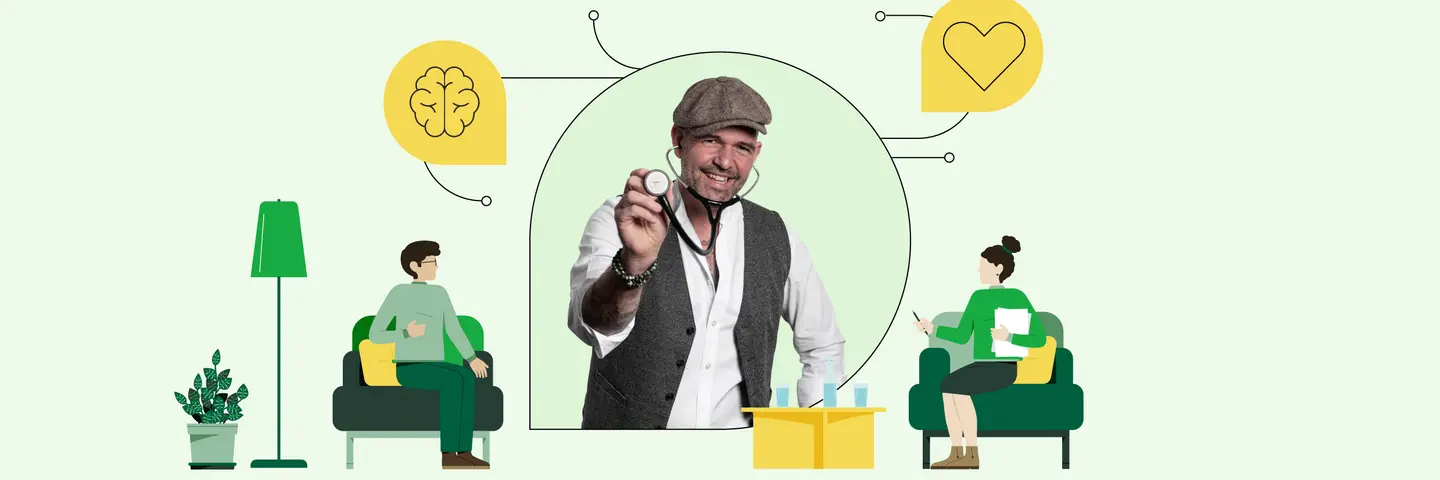 In der Mitte ist ein Foto von Doc Esser mit Schirmmütze und Stethoskop zu sehen. Illustrationen daneben zeigen einen sitzenden Mann und eine ihm gegenüber sitzende Frau, sie unterhalten sich.