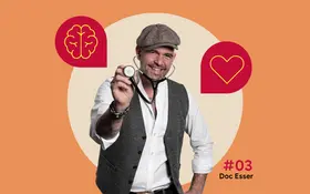 In der Mitte ist ein Foto von Doc Esser mit Schirmmütze und Stethoskop zu sehen. Illustrationen daneben zeigen ein Gehirn und ein Herz.