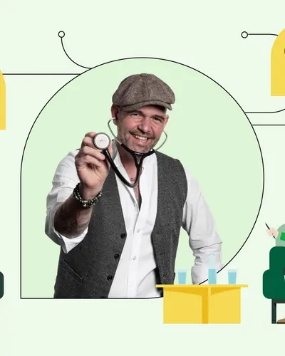 In der Mitte ist ein Foto von Doc Esser mit Schirmmütze und Stethoskop zu sehen. Illustrationen daneben zeigen einen sitzenden Mann und eine ihm gegenüber sitzende Frau, sie unterhalten sich.