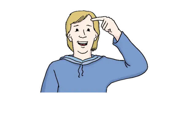 Die Illustration zeigt eine Person im blauen Pullover und mit blonden Haaren, die mit der linken Hand eine Gebärde zeigt.