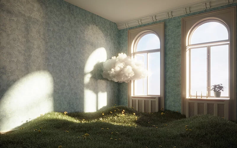 Eine surreale Szene im Traum: In einem Zimmer wächst ein hügeliger Rasen, vor dem Fenster schwebt innen eine Wolke. Warum wir träumen, haben Forscher und Forscherinnen noch nicht vollständig geklärt.