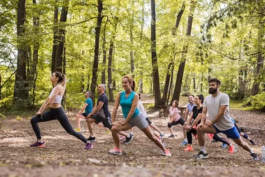 Eine Gruppe von Frauen und Männern in Sportkleidung dehnt ihren rechten Oberschenkel im Wald.