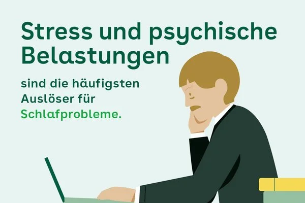 Illustration einer nachdenklichen Person vor einem Laptop mit dem Text Stress und psychische Belastungen sind die häufigsten Auslöser für Schlafprobleme.