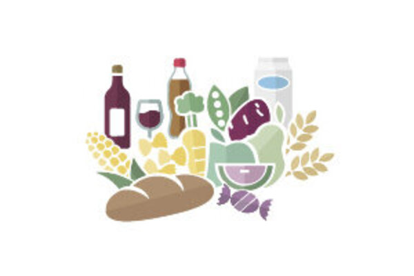 Das Bild zeigt verschiedene gemalte Lebensmittel, darunter Brot, Rotwein, ein Bonbon, eine Karotte, einen Maiskolben, eine Birne und einen Apfel.