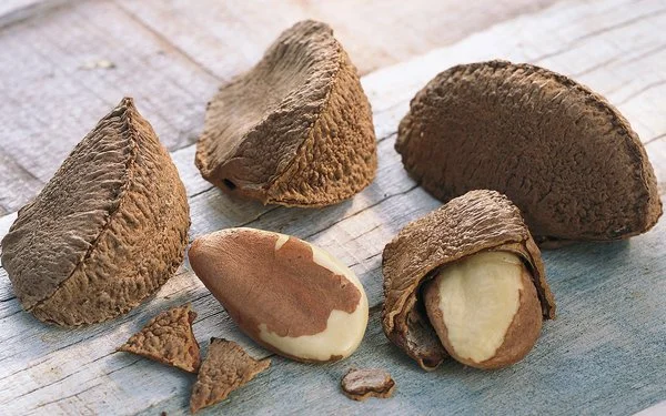 Auf einem Holztisch liegen Paranüsse. Einige haben noch ihre Schale, andere sind bereits geknackt.