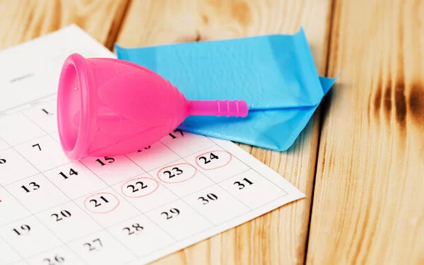 Neben einem Menstruationskalender liegen eine Menstruationstasse und Binden.