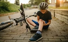 Hat er eine Tetanus-Impfung? Ein Junge ist mit dem Fahrrad gestürzt und schaut sich die Wunde am Knie an.