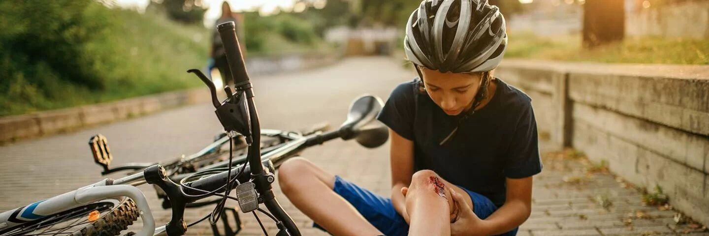 Hat er eine Tetanus-Impfung? Ein Junge ist mit dem Fahrrad gestürzt und schaut sich die Wunde am Knie an.