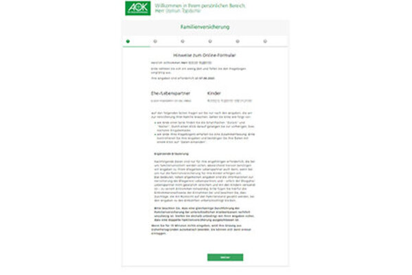 Das Bild zeigt ein Formular auf der Webseite der AOK.
