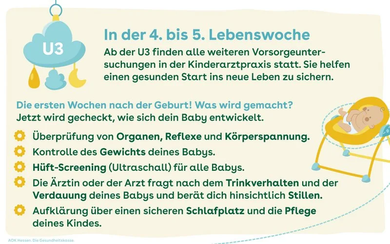 Die iNfograik zeigt eine Übersicht, welche Untersichungen in der 4.-5. Lebenswoche gemacht werden.