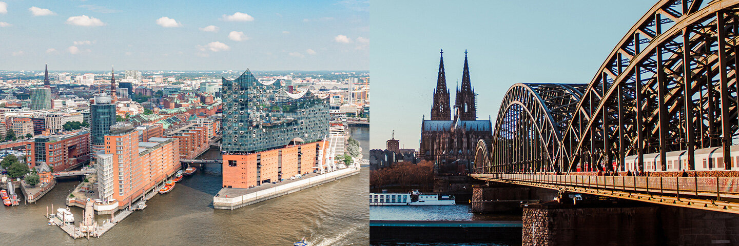 Kollage der Panoramen von Hamburg und Köln.