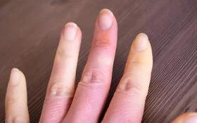 Ein Frau hält ihre Hand ins Bild, zu sehen sind Durchblutungsstörungen aufgrund des Raynaud-Syndroms.