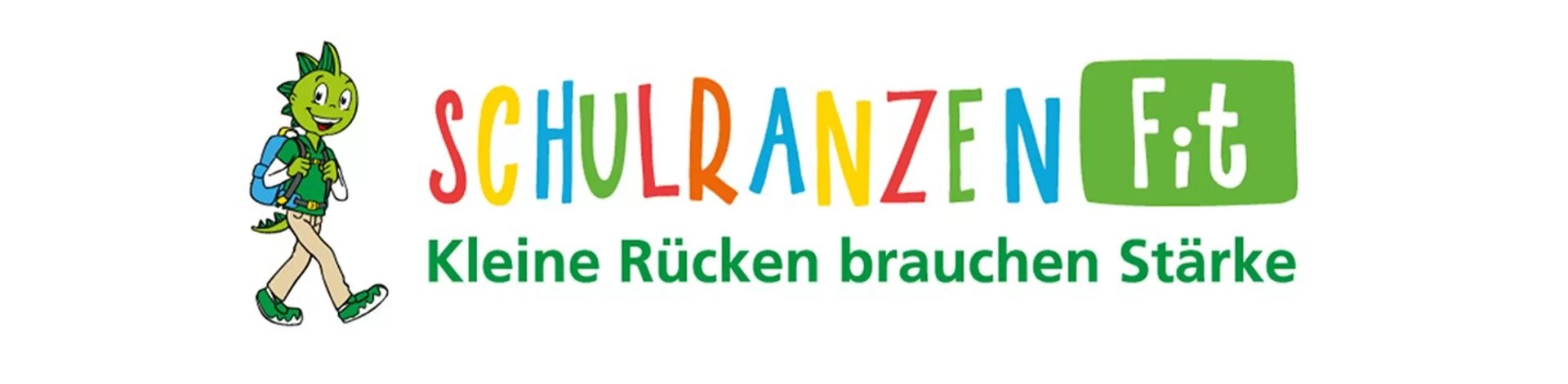 Das Logo zur Aktion "Schulranzen-Fit kleine Rücken brauchen Stärke" wird in bunter Schrift dargestellt.