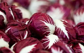 Viele dunkelrote Radicchio-Köpfe liegen nebeneinander.