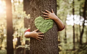 Ein Kind umarmt zum Zeichen der Nachhaltigkeit einen Baum, auf den ein grünes Herz gemalt ist.