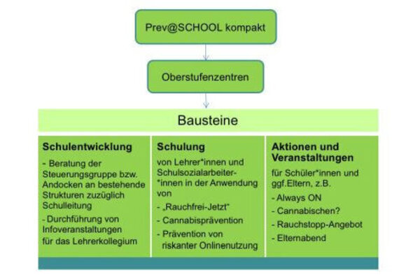 Die Abbildung zeigt innerhalb grüner Kästen den Aufbau des Projektes „prev@SCHOOL kompakt“ für Oberstufenzentren.
