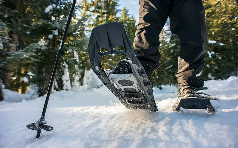 Eine Person geht mit Schneeschuhen durch einen verschneiten Wald.