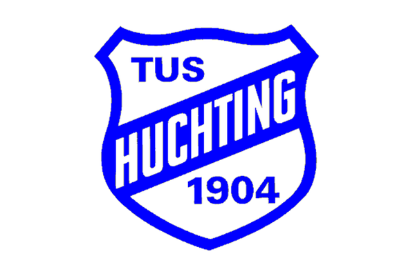 Das Bild zeigt das Logo des TuS Huchting von 1904 e.V. Bremen. Es besteht aus einem weißen Schild mit blauem Rand und einem blauen Querbalken. 