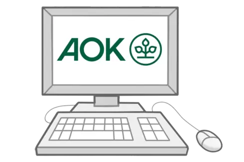 Eine Illustration eines Computers auf dessen Bildschirm das AOK-Logo zu sehen ist.