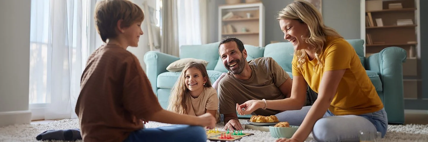 Familie mit zwei Kindern sitzt lachend auf dem Teppich im Wohnzimmer und spielt ein Brettspiel