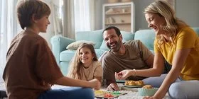 Familie mit zwei Kindern sitzt lachend auf dem Teppich im Wohnzimmer und spielt ein Brettspiel