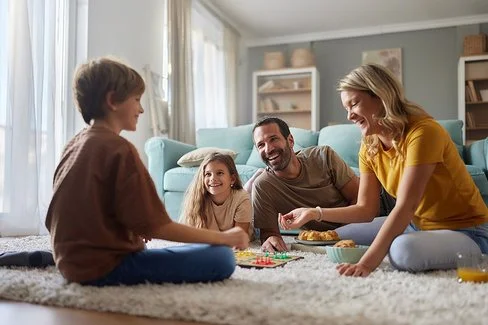 Familie mit zwei Kindern sitzt lachend auf dem Teppich im Wohnzimmer und spielt ein Brettspiel