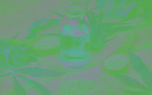 Hanfsamen in Holzlöffeln und Öl in einer offenen Glasflasche auf einem rustikalem Holztisch dekoriert mit Hanfblättern.